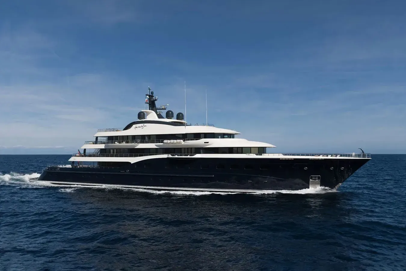 Mirage yacht, a 292 ft Amels luxury superyacht underway, 89 meters, built in 2016, 2021.