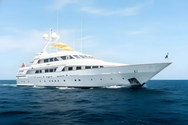 Mistress yacht, a 150 ft Benetti luxury superyacht underway, 46 meters, built in 1991, 2024.