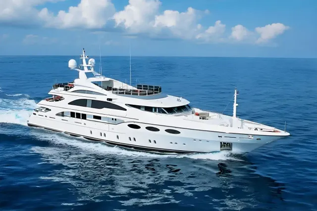 My Falcon yacht, a 170 ft Benetti luxury superyacht underway, 52 meters, built in 2004, 2018.
