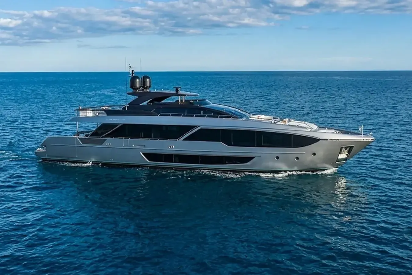 My Idea yacht, a 112 ft Riva luxury superyacht underway, 34.38 meters, built in 2026.
