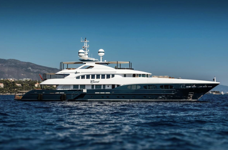 My Secret yacht, a 153 ft Heesen luxury superyacht underway, 46.7 meters, built in 2012, 2021.