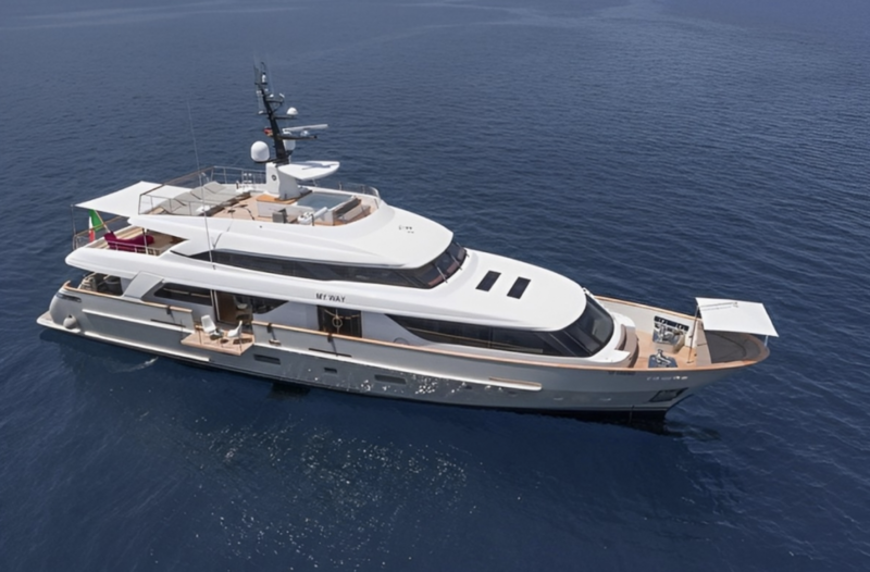 My Way yacht, a 111 ft Sanlorenzo luxury superyacht underway, 34.1 meters, built in 2018.