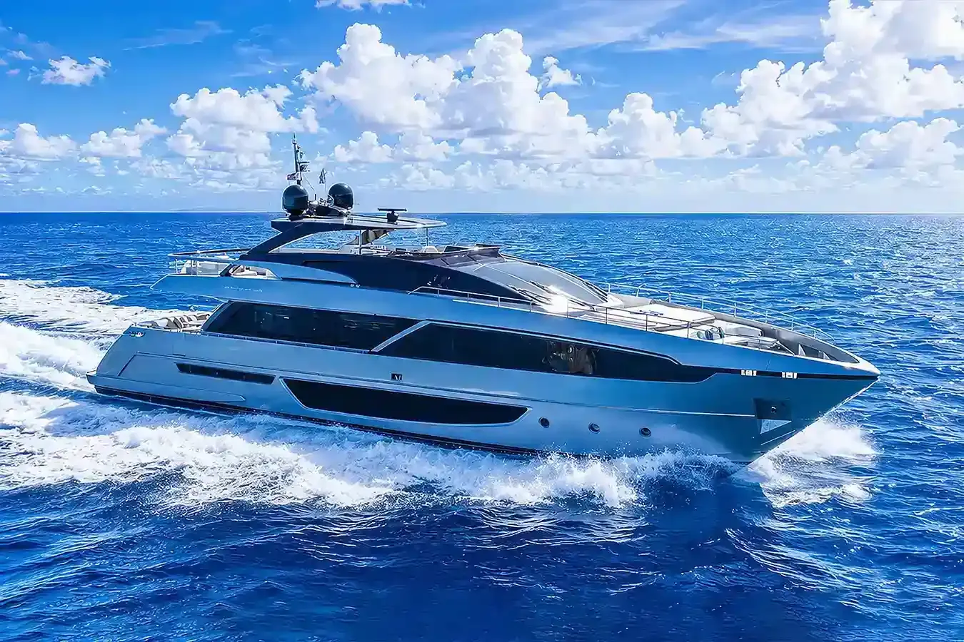 No Stress yacht, a 98 ft Riva luxury superyacht underway, 29.9 meters, built in 2019.