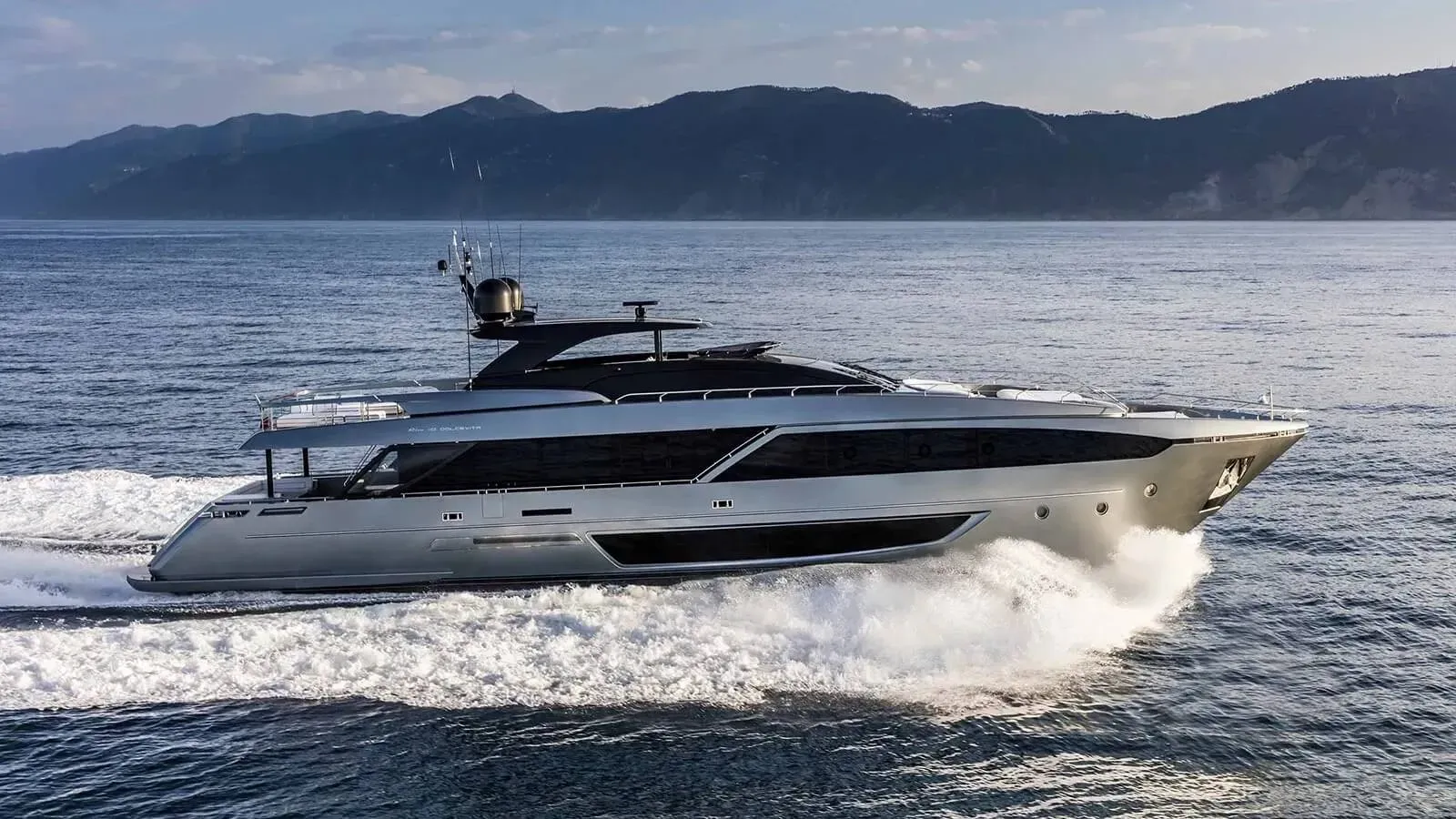 No Surrender yacht, a 110 ft Riva luxury superyacht underway, 33.53 meters, built in 2018.