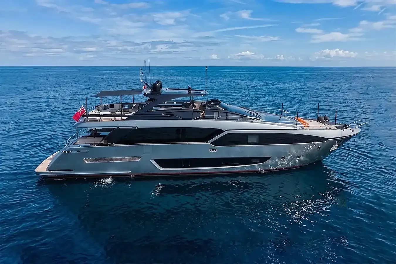 O4 yacht, a 93 ft Riva luxury superyacht underway, 28.49 meters, built in 2019.