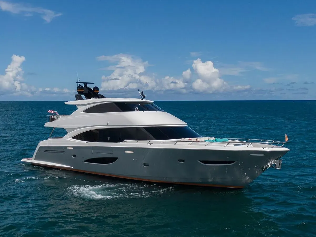 Obsession yacht, a 93 ft Viking luxury superyacht underway, 28.47 meters, built in 2017.