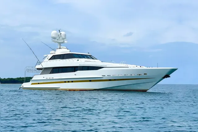 Obsessions yacht, a 125 ft Heesen luxury superyacht underway, 38.34 meters, built in 1996.