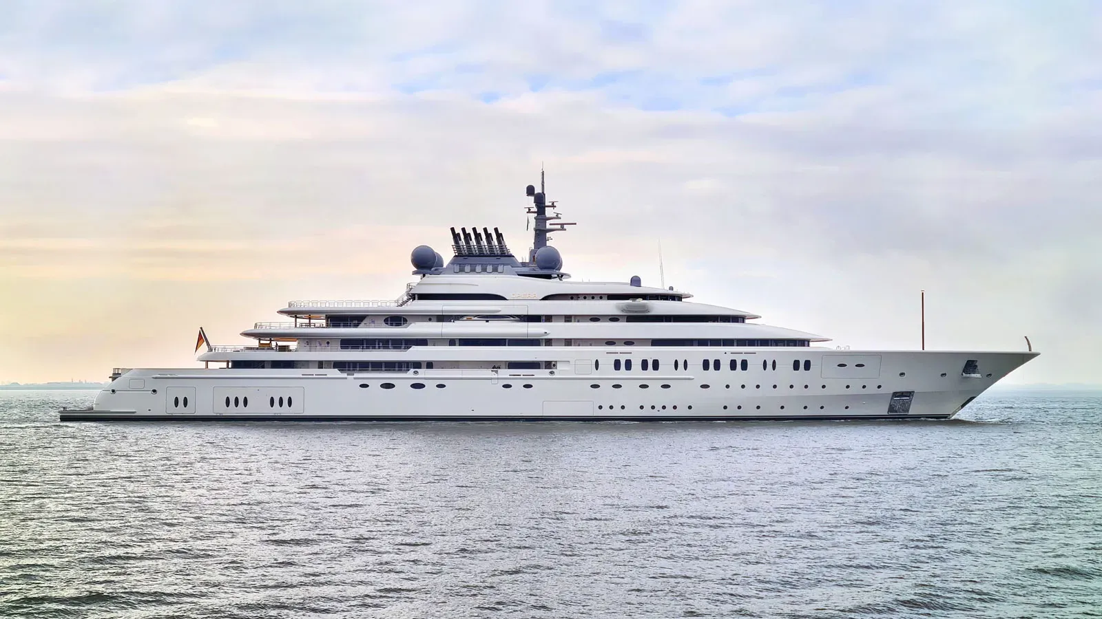 Opera yacht, a 480 ft Lürssen luxury superyacht underway, 146.35 meters, built in 2023.