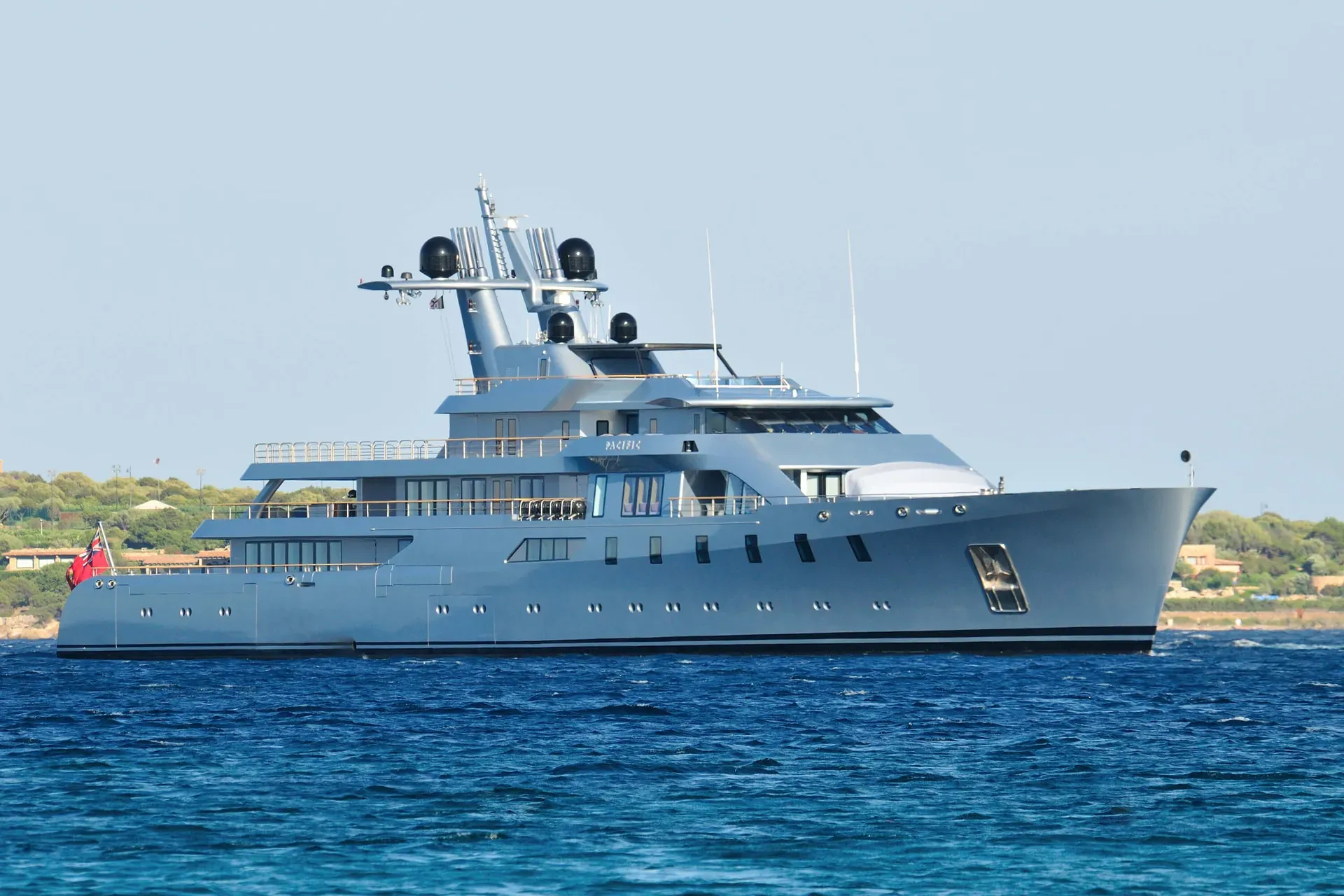 Pacific X yacht, a 279 ft Lürssen luxury superyacht underway, 85.2 meters, built in 2010.