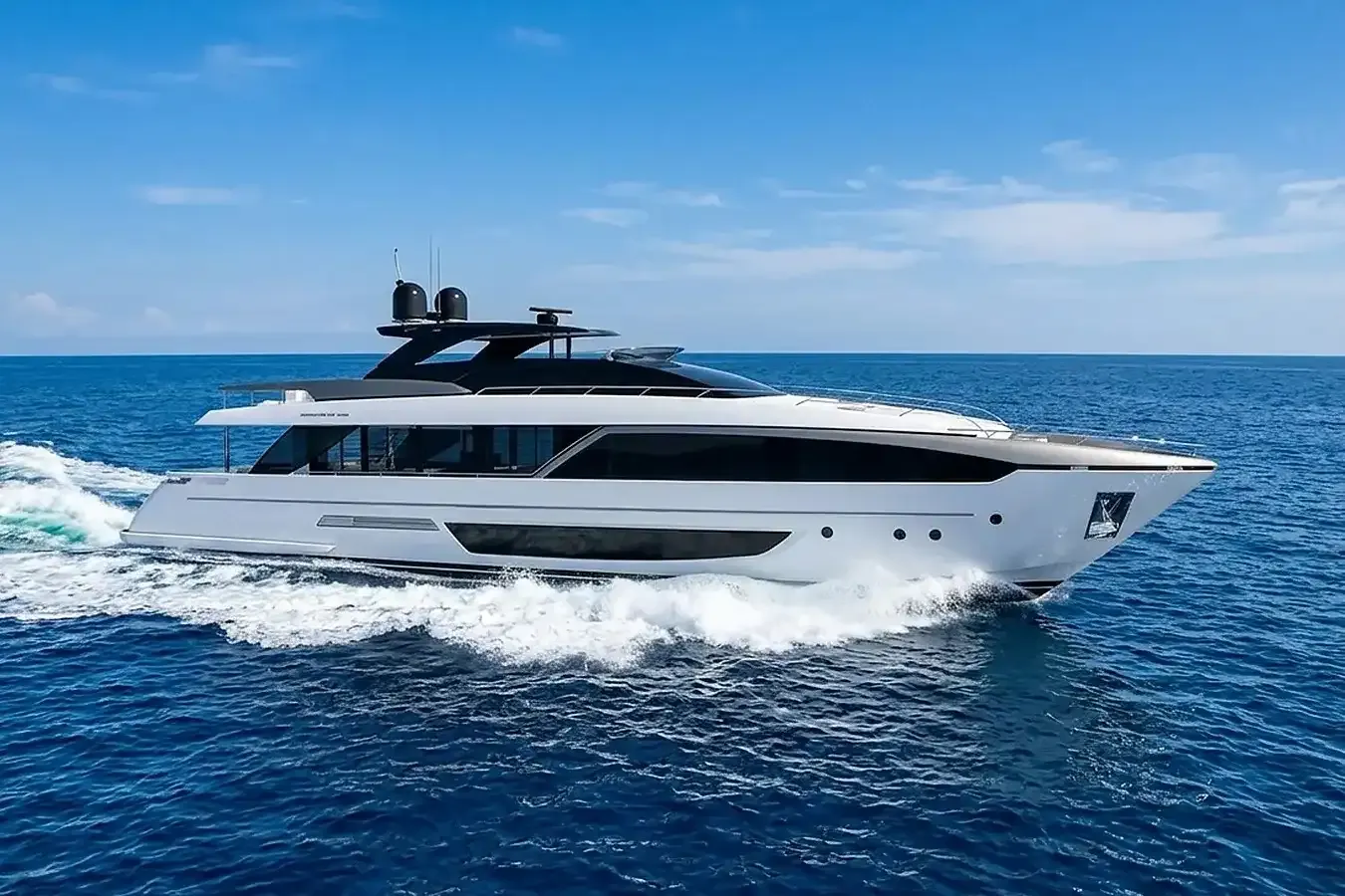 Panacea yacht, a 110 ft Riva luxury superyacht underway, 33.53 meters, built in 2021.