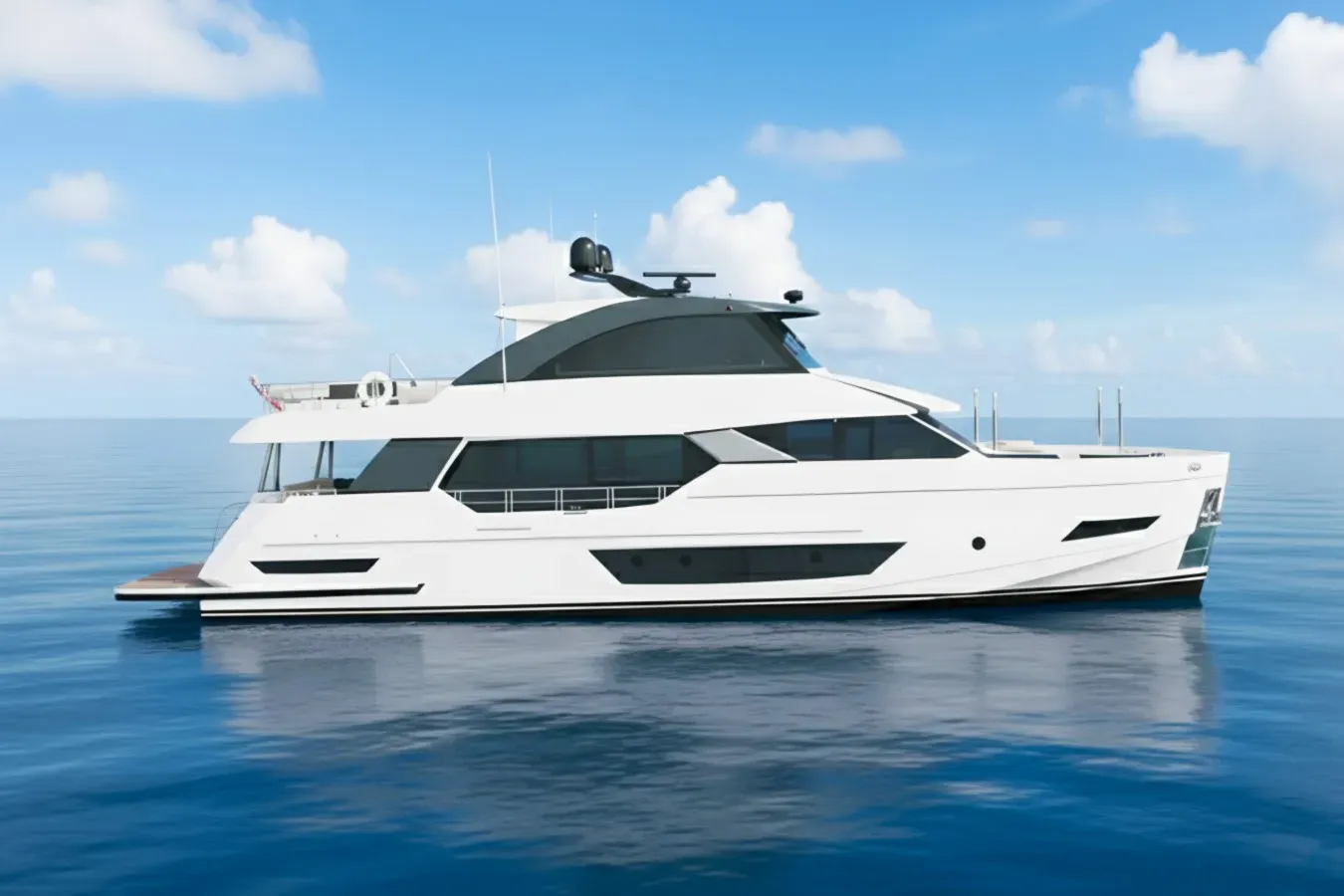 Panacea yacht, a 83 ft Ocean Alexander luxury superyacht underway, 25.45 meters, built in 2019.