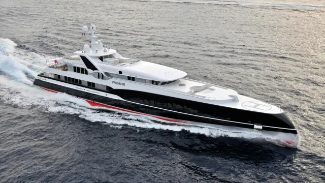 Predator yacht, a 238 ft Feadship luxury superyacht underway, 72.8 meters, built in 2008, 2016.
