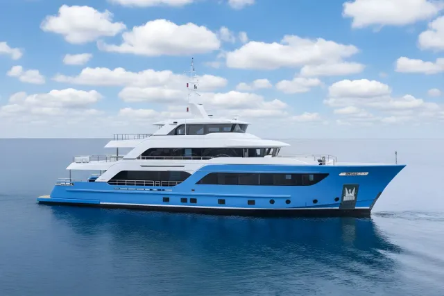 Presence yacht, a 129 ft CdM luxury superyacht underway, 39.4 meters, built in 2026.