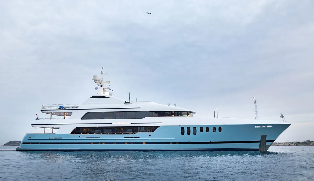 Purpose yacht, a 180 ft Trinity luxury superyacht underway, 54.86 meters, built in 2005, 2023.