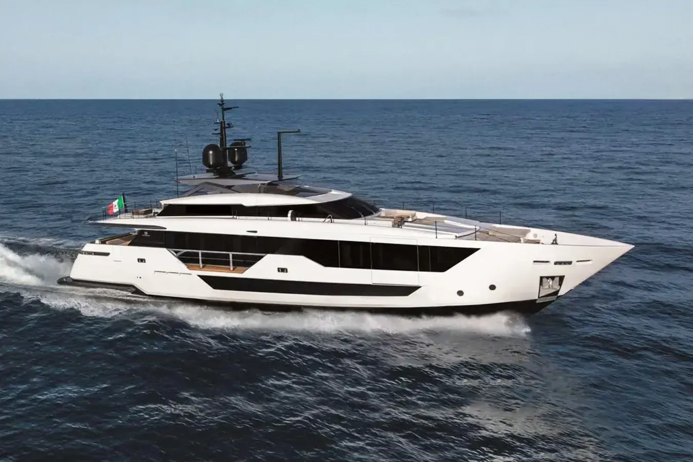 Quant yacht, a 107 ft Custom Line luxury superyacht underway, 32.82 meters, built in 2023.