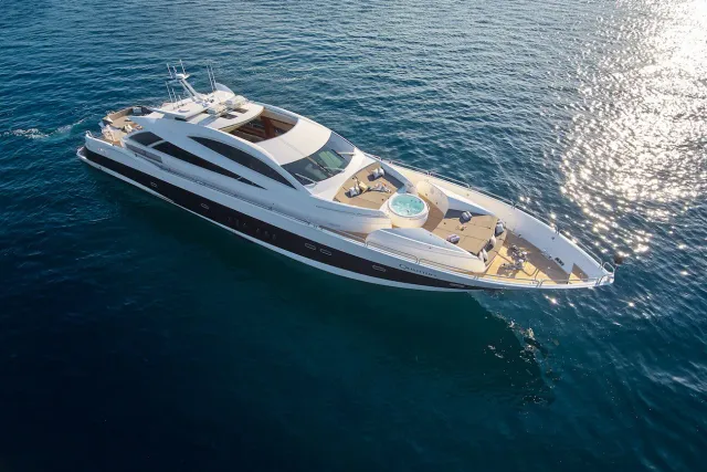 Quantum yacht, a 108 ft Sunseeker luxury superyacht underway, 32.91 meters, built in 2008, 2024.