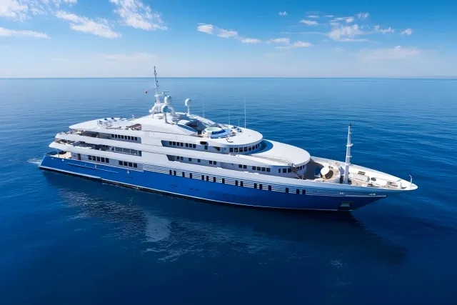 Queen Miri yacht, a 300 ft Neorion luxury superyacht underway, 91.5 meters, built in 2004, 2023.