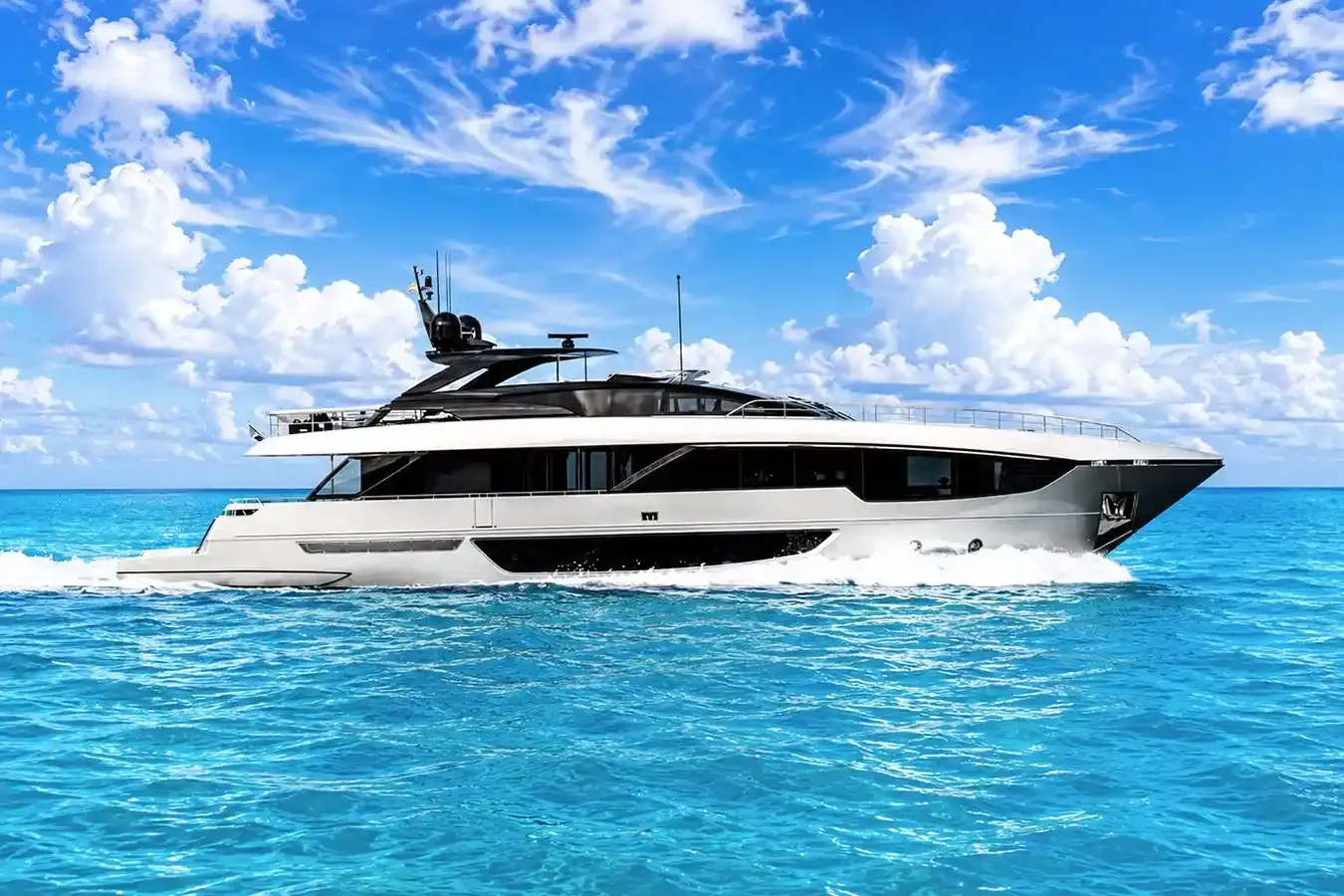 Quintessential yacht, a 102 ft Riva luxury superyacht underway, 31.08 meters, built in 2023.