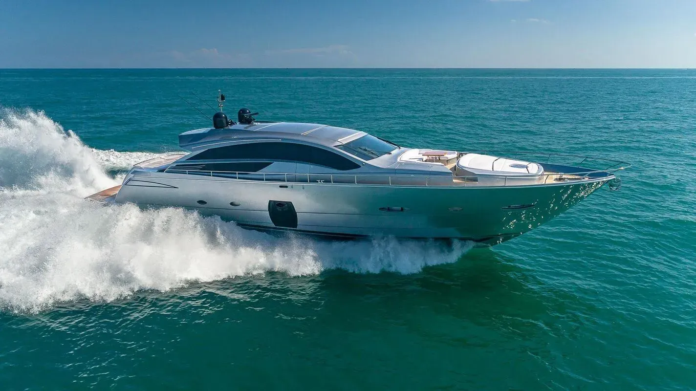 Raw 2-HP yacht, a 80 ft Pershing luxury superyacht underway, 24.51 meters, built in 2012, 2022.