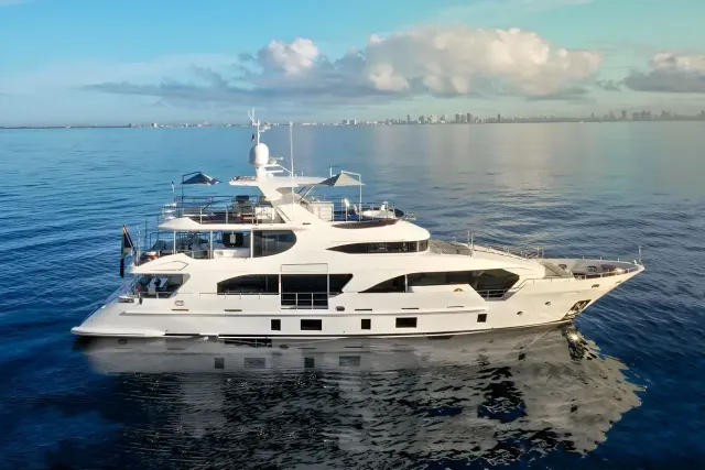 Rehab yacht, a 108 ft Benetti luxury superyacht underway, 33 meters, built in 2014, 2024.