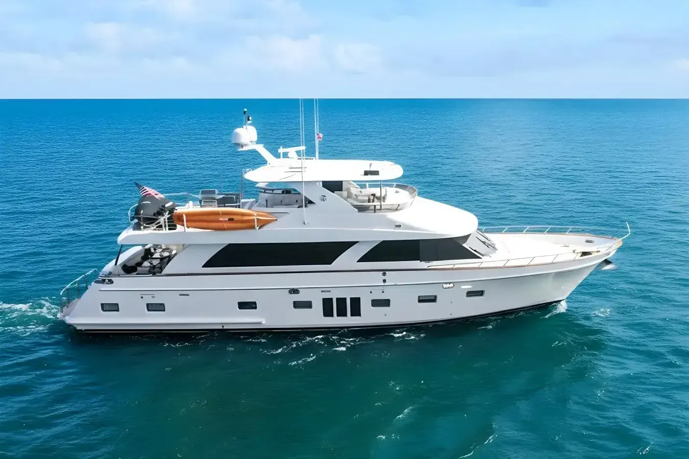 Relentless yacht, a 83 ft Ocean Alexander luxury superyacht underway, 25.3 meters, built in 2010.