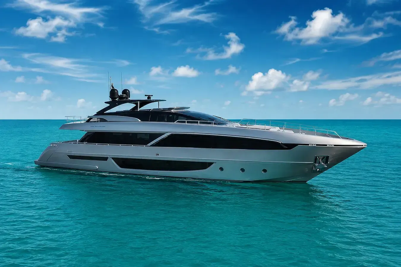 Ries yacht, a 98 ft Riva luxury superyacht underway, 29.9 meters, built in 2021.