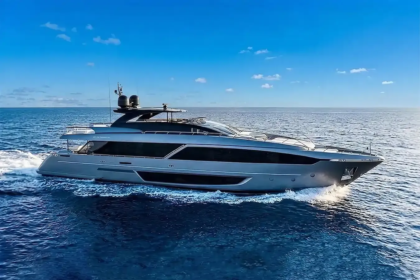Riviera yacht, a 110 ft Riva luxury superyacht underway, 33.53 meters, built in 2020.
