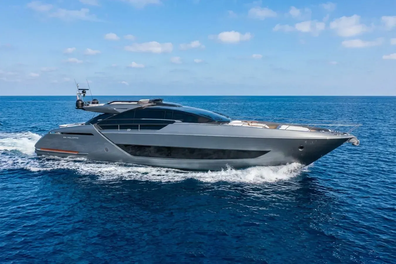 Rocket yacht, a 88 ft Riva luxury superyacht underway, 26.92 meters, built in 2021.