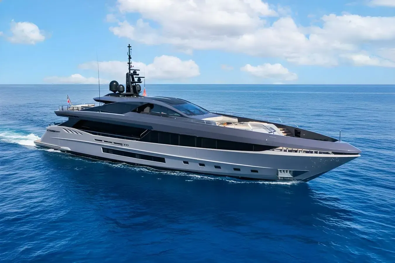 RR yacht, a 148 ft Mangusta Yachts luxury superyacht underway, 45.3 meters, built in 2021.