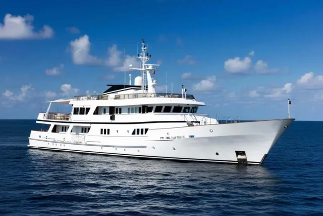 Sanssouci Star yacht, a 175 ft Husumer luxury superyacht underway, 53.5 meters, built in 1982, 2019.