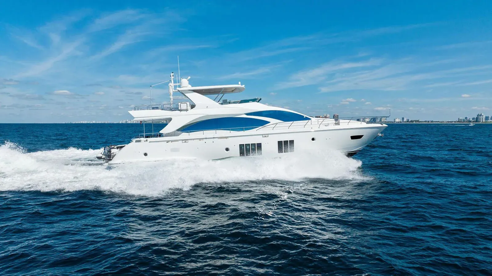 Satisfaction yacht, a 84 ft Azimut luxury superyacht underway, 25.69 meters, built in 2017.