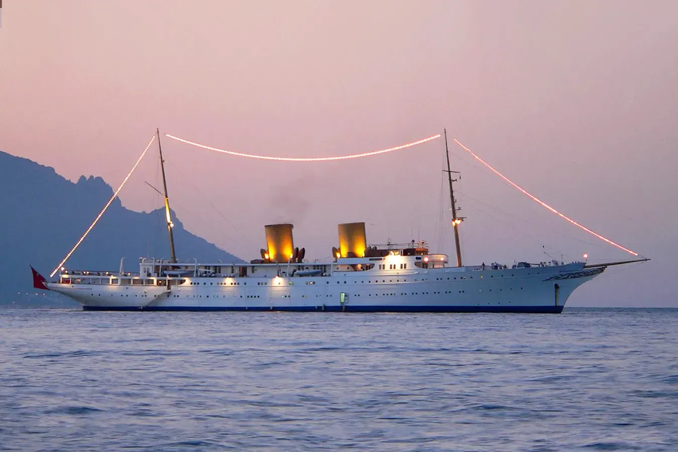 Savarona yacht, a 446 ft Blohm & Voss luxury superyacht underway, 135.94 meters, built in 1931, 2024.