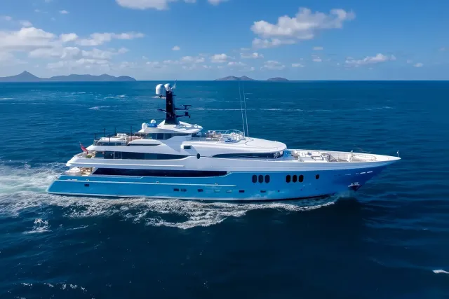 Scott Free yacht, a 196 ft Abeking - A&R luxury superyacht underway, 60 meters, built in 2009, 2022.