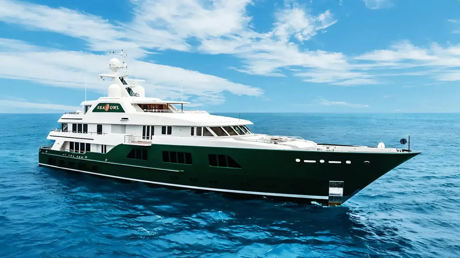 Sea Owl yacht, a 203 ft Feadship luxury superyacht underway, 61.87 meters, built in 2013.