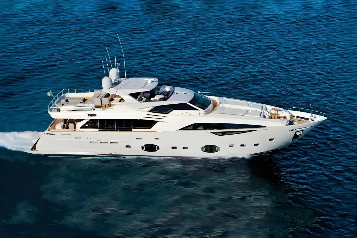 Self yacht, a 100 ft Custom Line luxury superyacht underway, 30.6 meters, built in 2011.