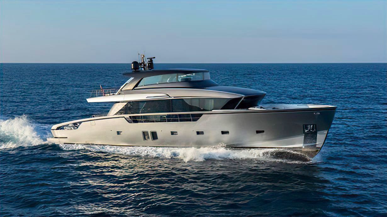 Serene yacht, a 87 ft Sanlorenzo luxury superyacht underway, 26.7 meters, built in 2023.