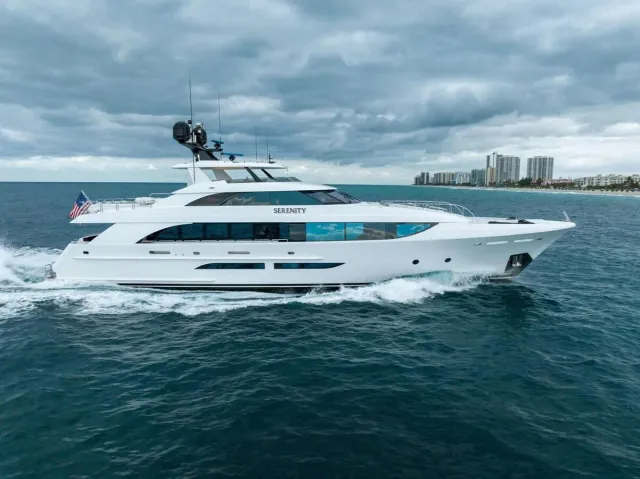 Serenity yacht, a 125 ft Westport luxury superyacht underway, 38.1 meters, built in 2018.