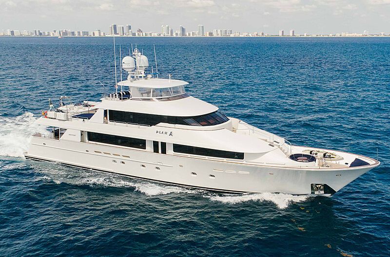 Shades of Blue yacht, a 130 ft Westport luxury superyacht underway, 39.62 meters, built in 2006, 2022.