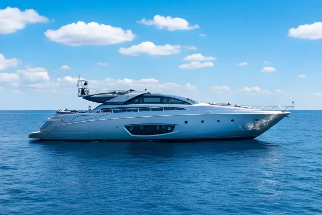 Silver Breeze yacht, a 86 ft Riva luxury superyacht underway, 26.4 meters, built in 2010.