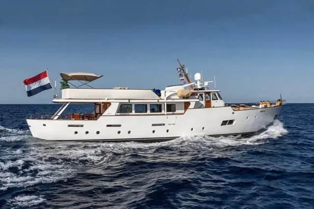 Sissi yacht, a 87 ft Feadship luxury superyacht underway, 26.78 meters, built in 1963, 2024.