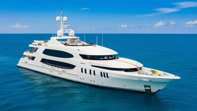 Skyfall yacht, a 190 ft Trinity luxury superyacht underway, 57.91 meters, built in 2010, 2020.