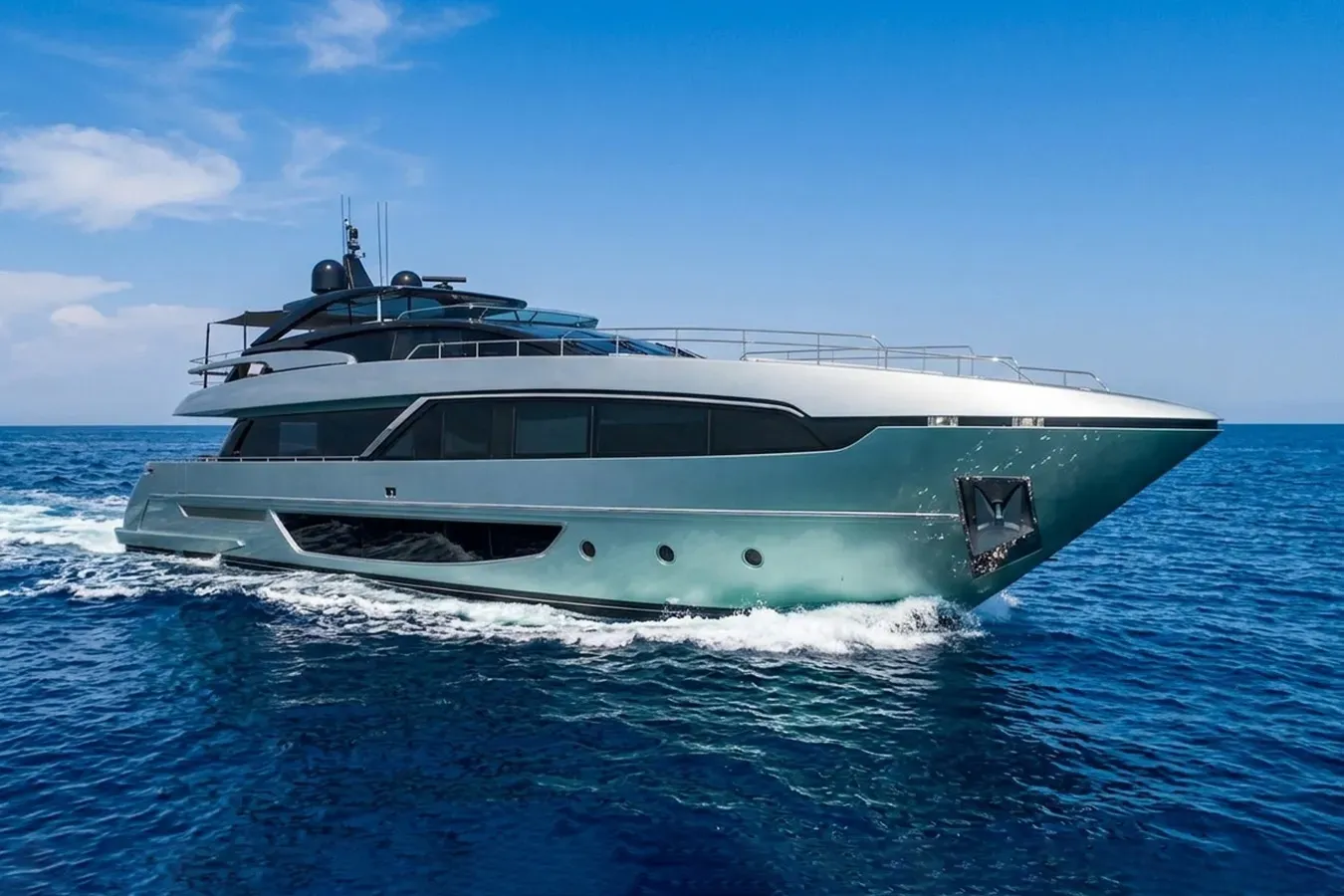 Slava yacht, a 93 ft Riva luxury superyacht underway, 28.49 meters, built in 2019.