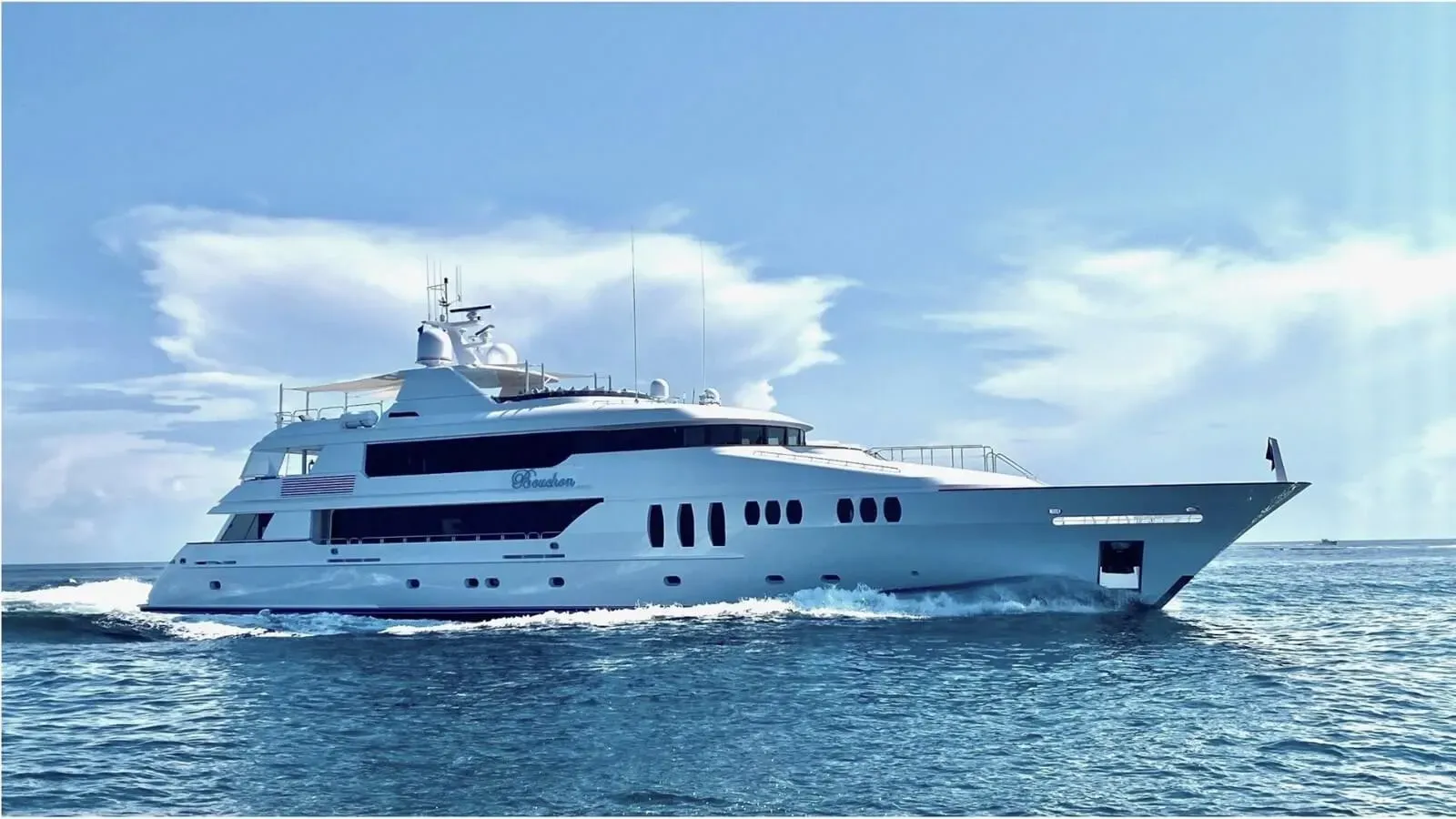 Sonician yacht, a 150 ft Trinity luxury superyacht underway, 45.72 meters, built in 2002, 2019.