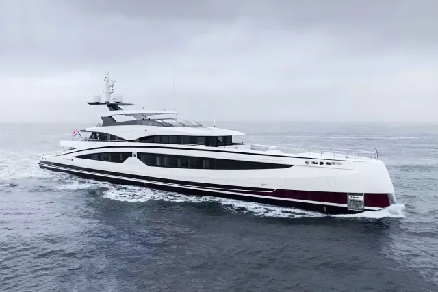 Sparta yacht, a 219 ft Heesen luxury superyacht underway, 67 meters, built in 2023.