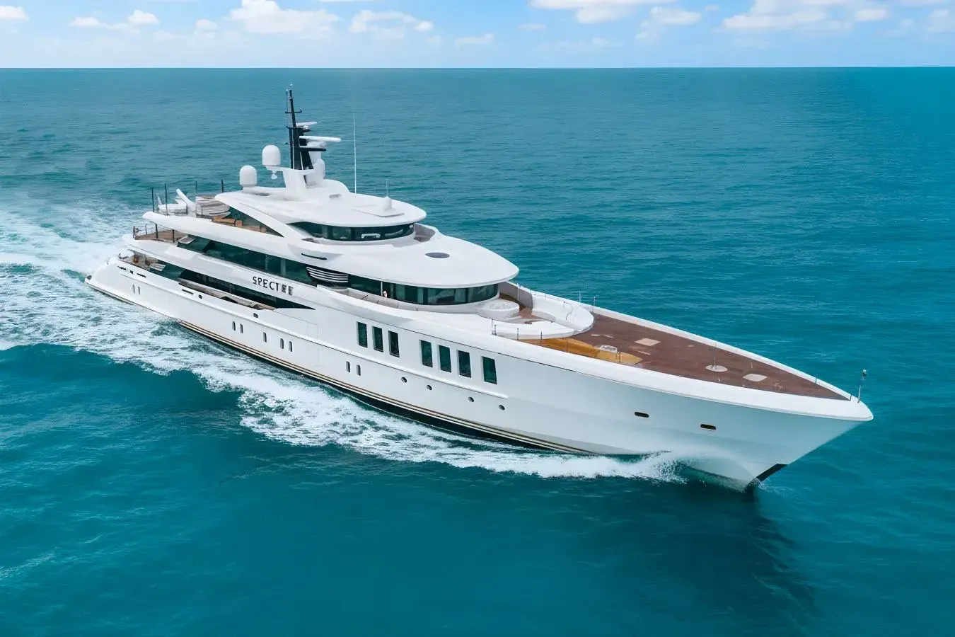 Spectre yacht, a 227 ft Benetti luxury superyacht underway, 69.2 meters, built in 2018.