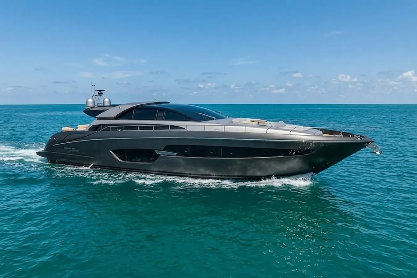 Stratus yacht, a 88 ft Riva luxury superyacht underway, 26.84 meters, built in 2016.