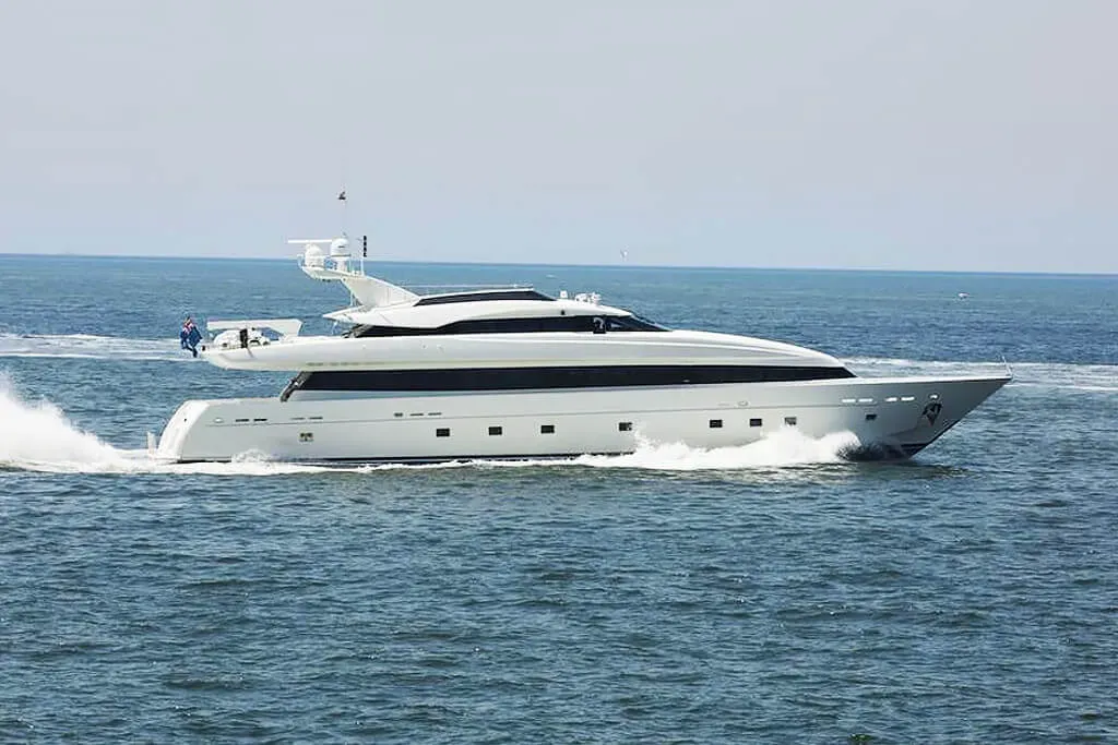 Tamteen yacht, a 127 ft Trident luxury superyacht underway, 38.7 meters, built in 1998, 2013.