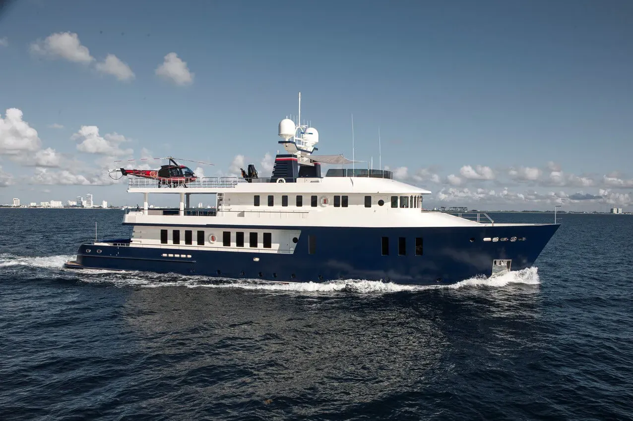 The Big Blue yacht, a 138 ft Troy Marine luxury superyacht underway, 42.1 meters, built in 2010, 2013.