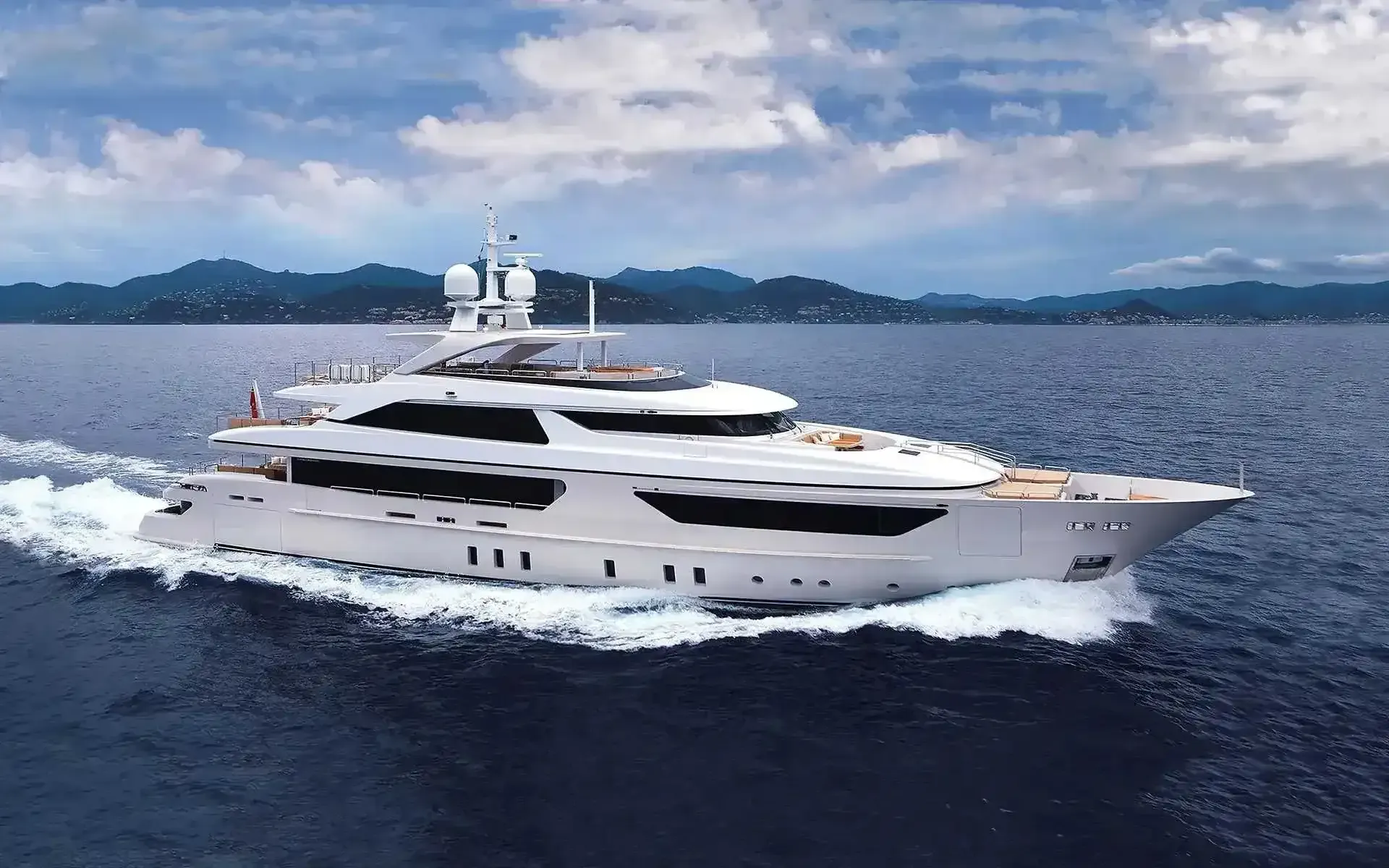 The Scorpion yacht, a 150 ft Sanlorenzo luxury superyacht underway, 46 meters, built in 2015.