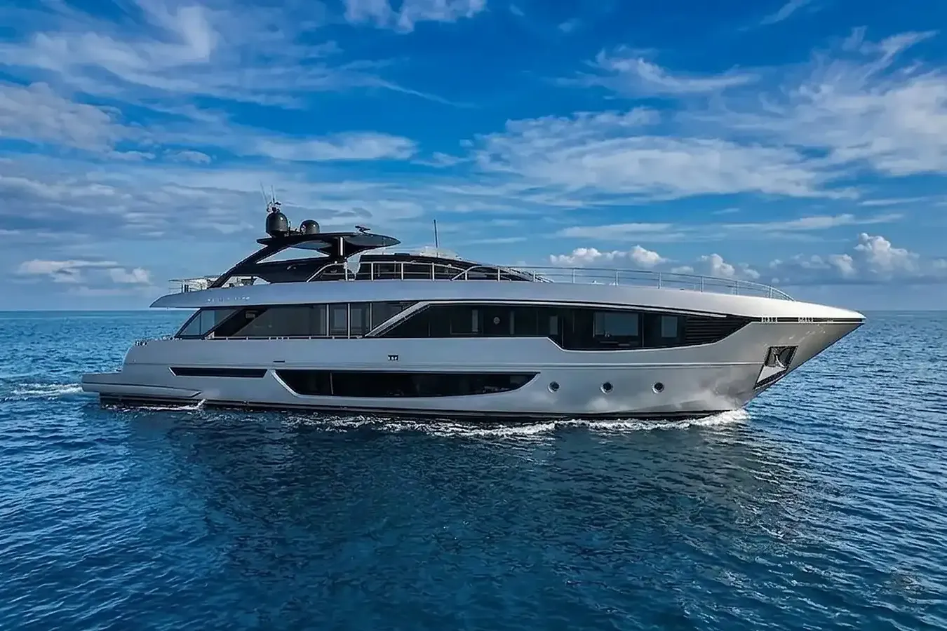 Three Graces yacht, a 99 ft Riva luxury superyacht underway, 30.26 meters, built in 2023.